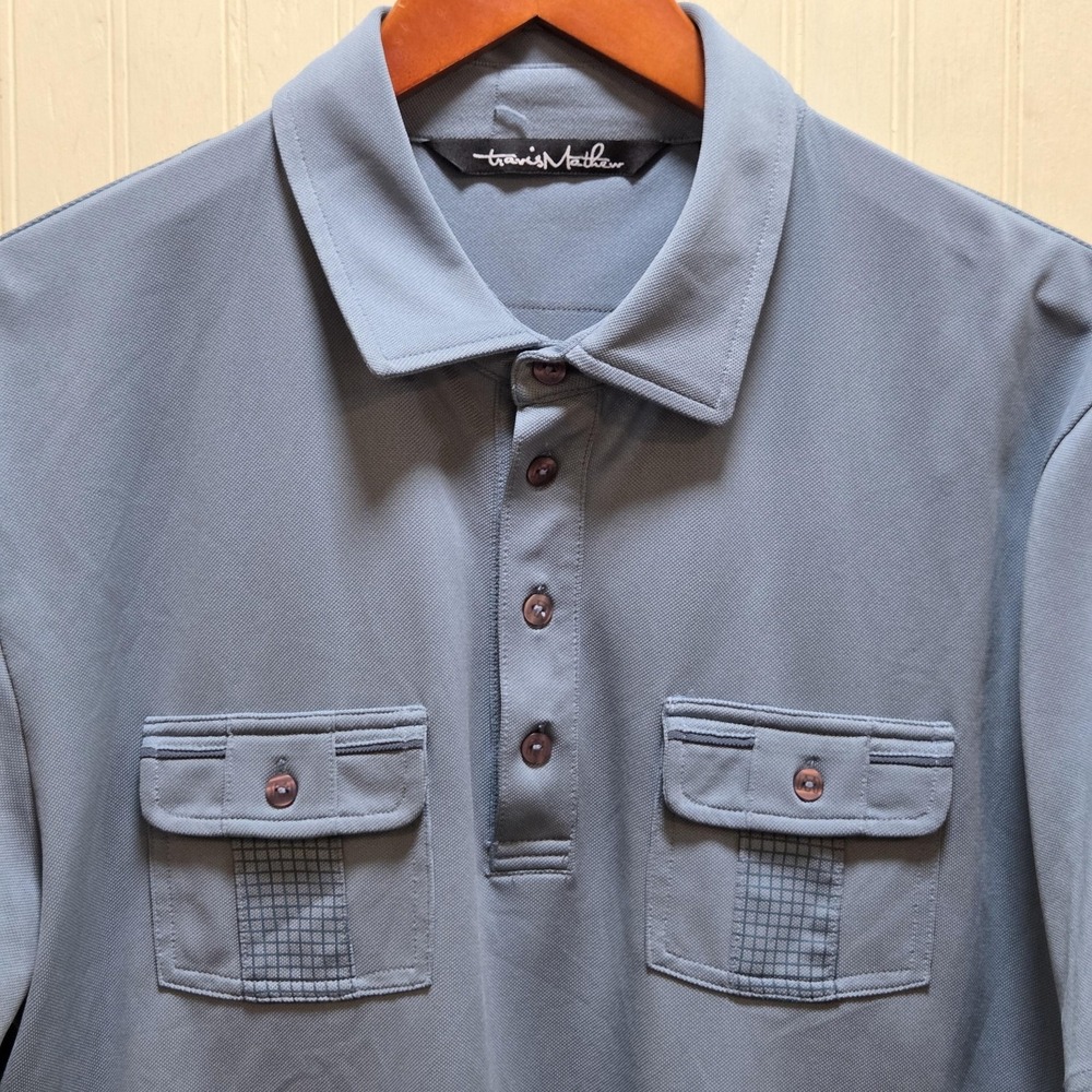 TravisMathew Double-Down Polo Shirt Mens M Blue Solid Pocket Golf Stretch Top